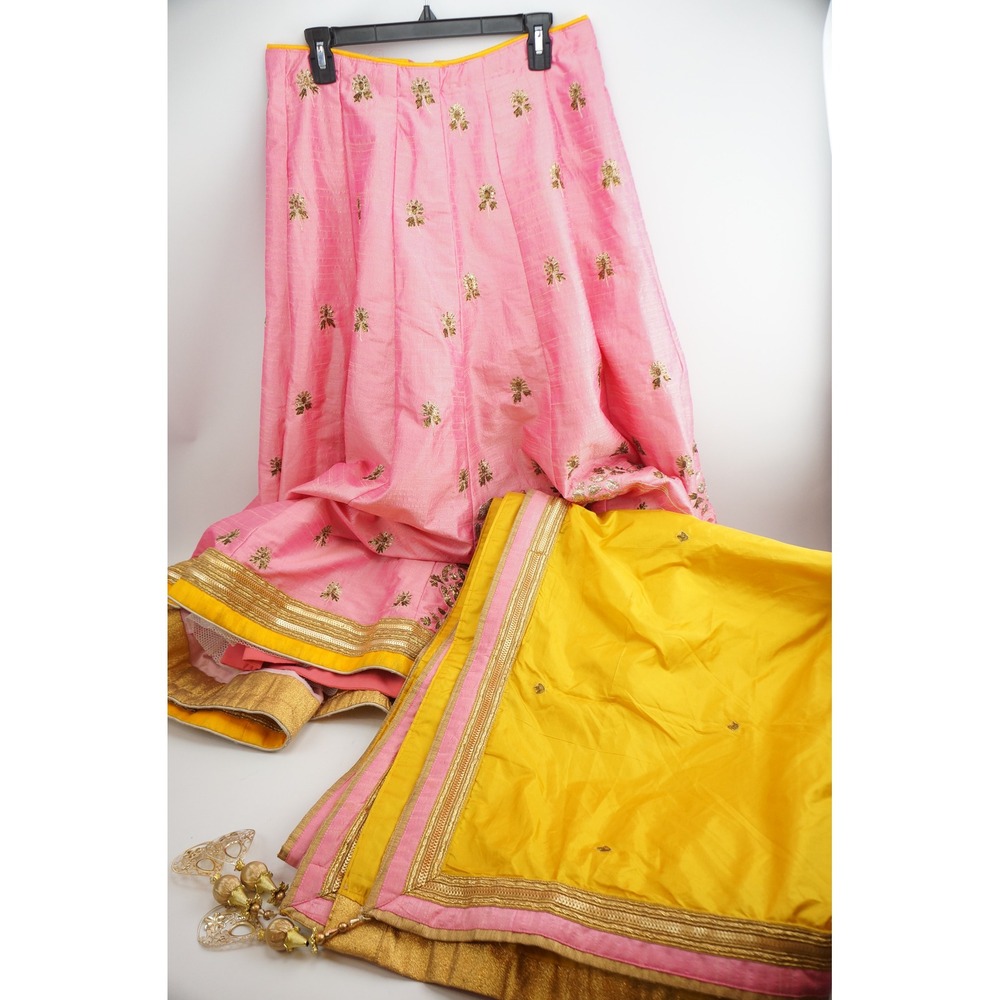 Handmade‎ Indian Wedding Lehenga Dupatta Set Pink Yellow Embroidered Tassel Good